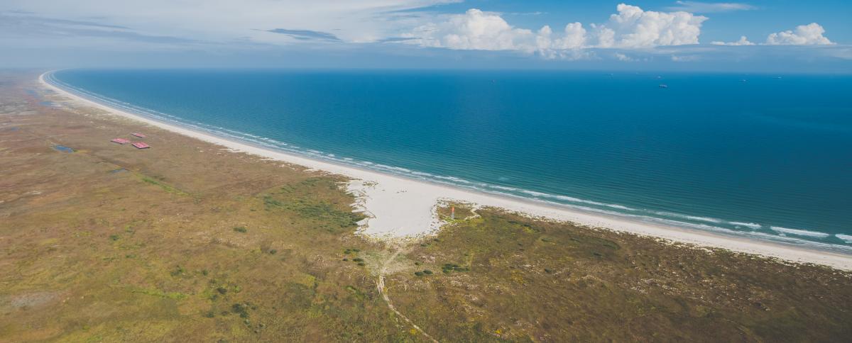 An aerial view of grassy land leading up to white sandy beach with the blue ocean alng the shore.