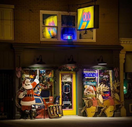 Christmas decoration on the exterior of the Holiday Odd Shop 