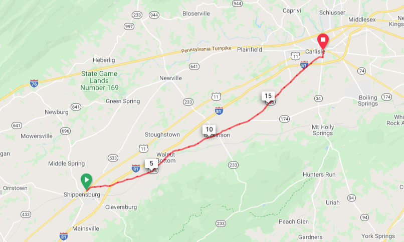 Shippensburg to Carlisle - Safest Direct Route
