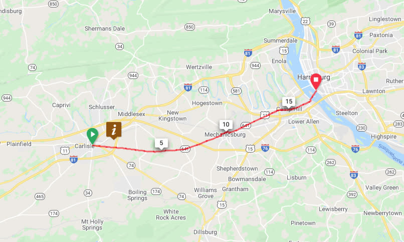 Carlisle to Mechanicsburg, Camp Hill, Lemoyne and Harrisburg - Direct Route