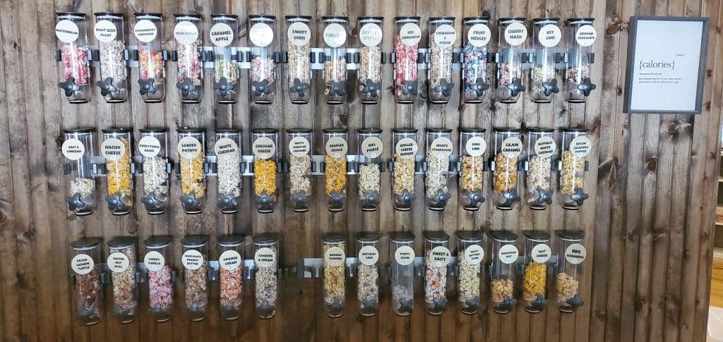 Free taste testing canisters at Mom's Popcorn