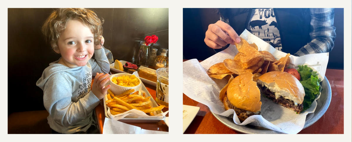 Child Eating Fries and Hamburger In Copper Kettle in Dubuque, IA