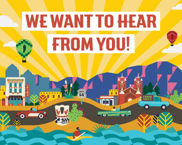 A graphic showing many Albuquerque places and things with the text "We want to hear from you!"