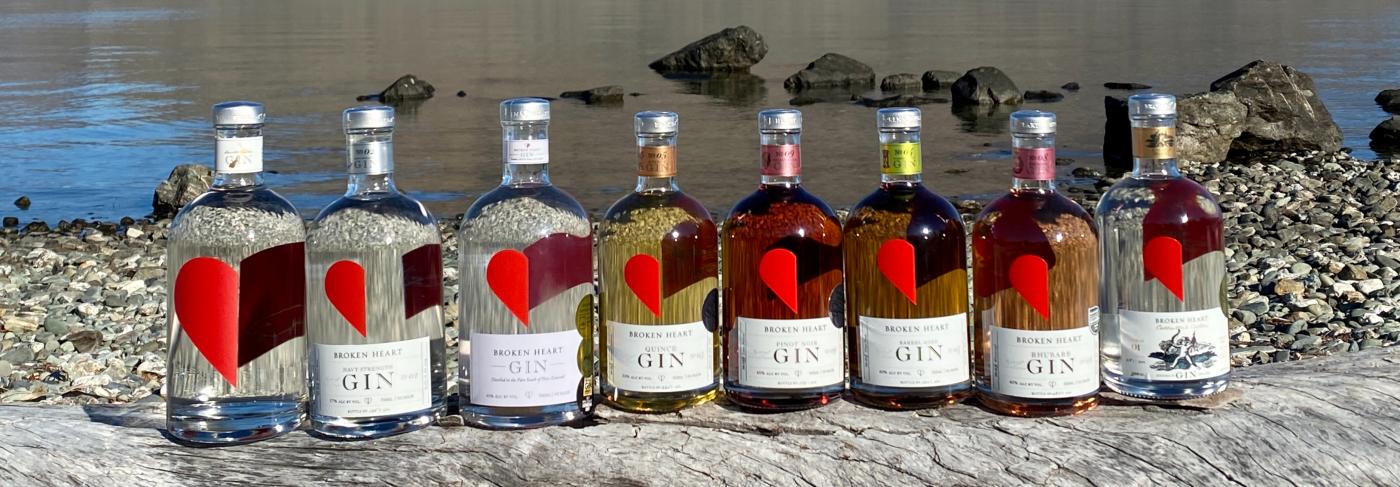 Broken Heart Spirits gin varieties lined up along the shore of Lake Whakatipu