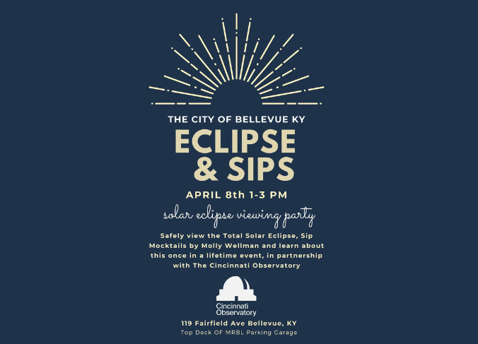 Image is a poster that says Eclipse & Sips on April 8th from 1-3PM.