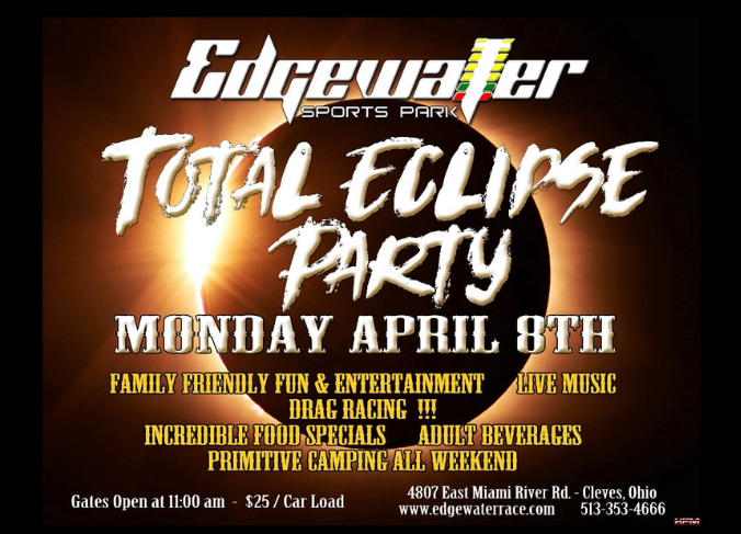 Image is a poster of the Edgewater Total Eclipse Party on Monday, April 8.