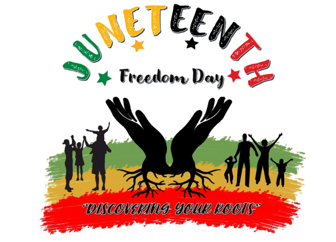 Image is of hands with roots and families standing next to the hands with the words "Juneteeth Freedom Day, Discovering Your Roots".