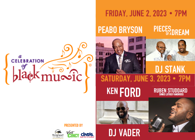 Image is a flyer that say's "A Celebration of Black Music" with images of Ken Ford, DJ Vader and Ruben Studdard