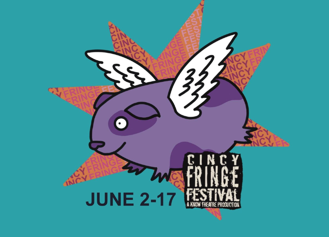Cartoon image of a purple pig with wings that say's "Cincy Fringe Festival A Know Theater Production, June 2-17".