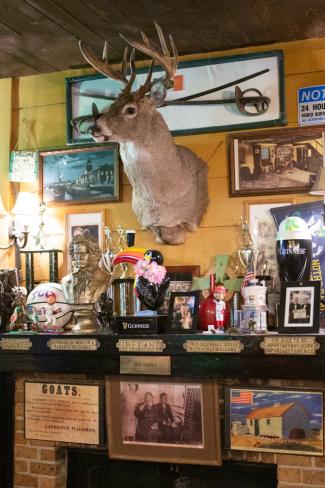 Deer head above mantle of fireplace at The Celt