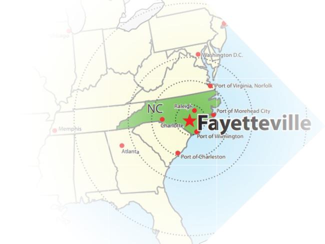 Map of East Coast highlighting Fayetteville