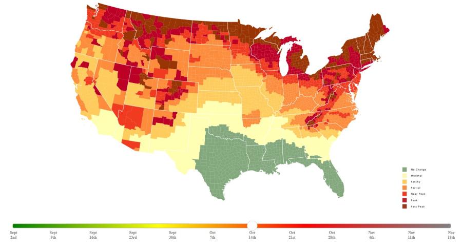 Map of the United States of America predicting peak tree leaves color changes from the website smokymountains.com/fall-foliage-map