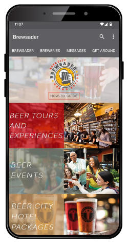 Brew app screen shot with options for beer tours, beer experiences