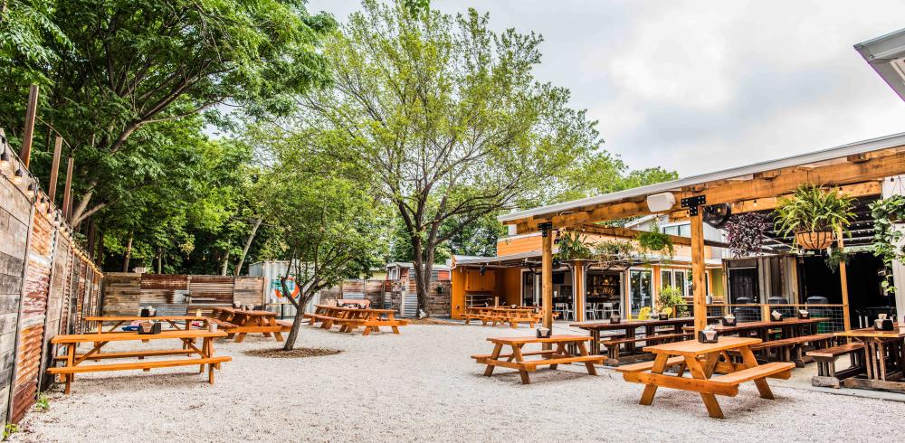 Sour Duck Patio with wood picnic tables