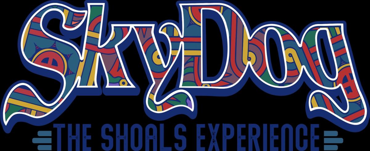 The letters of the logo for SkyDog The Shoals Experience festival is patterned with colors of red, blue, golden yellow, green and purple.