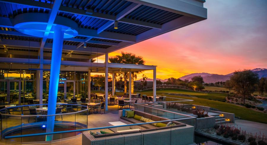 Outdoor patio at sunset at Escena Grill in Palm Springs.
