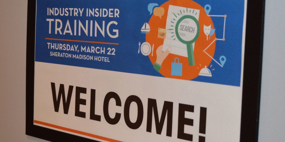 Close-up shot of the welcome poster for the March 2018 Industry Insider Training event