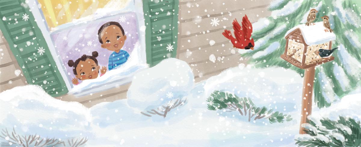 Illustration by Talitha Shipman of a young boy and girl looking out a window at a cardinal and the first snow. Illustration is called "First Snow"