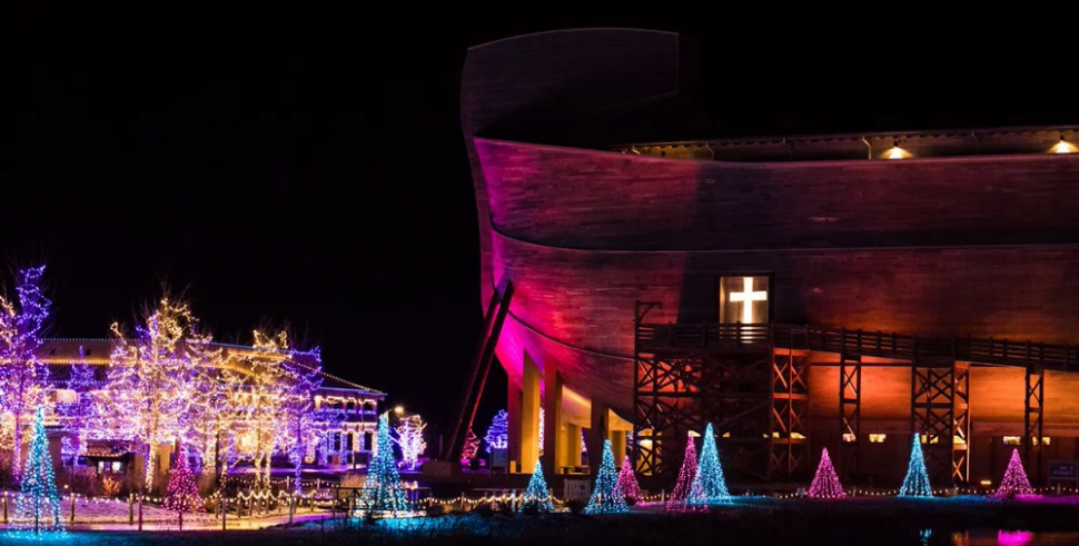 Exterior of the Ark Encounter lit up for ChristmasTime at the Ark holiday event