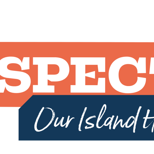 Orange, blue, and white logo on a white background reads "Respect Our Island Home"