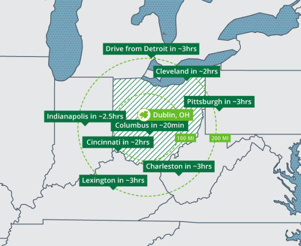 Locations 0-3hrs away from Dublin, Ohio.