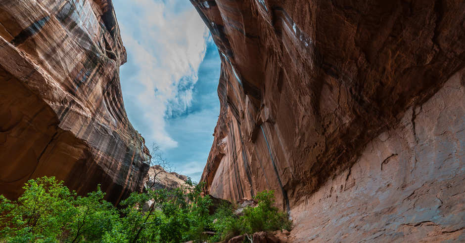 Looking up at the blue sky from the red rocks in Southern Utah