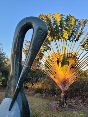 Zimsculpt Sculpture of a Crane in Front of a Fan Palm at Peace River Botanical & Sculpture Gardens