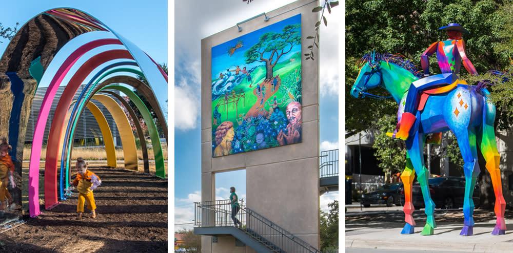 collage of three outdoor sculptures and paintings for Museum without Walls program from City of Austin