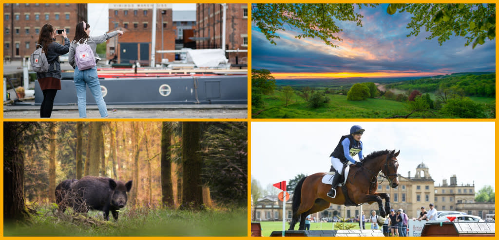 Collage featuring two ladies exploring Gloucester Docks, a Cotswold sunset, a wild boar, and scenes from the Badminton Horse Trials.