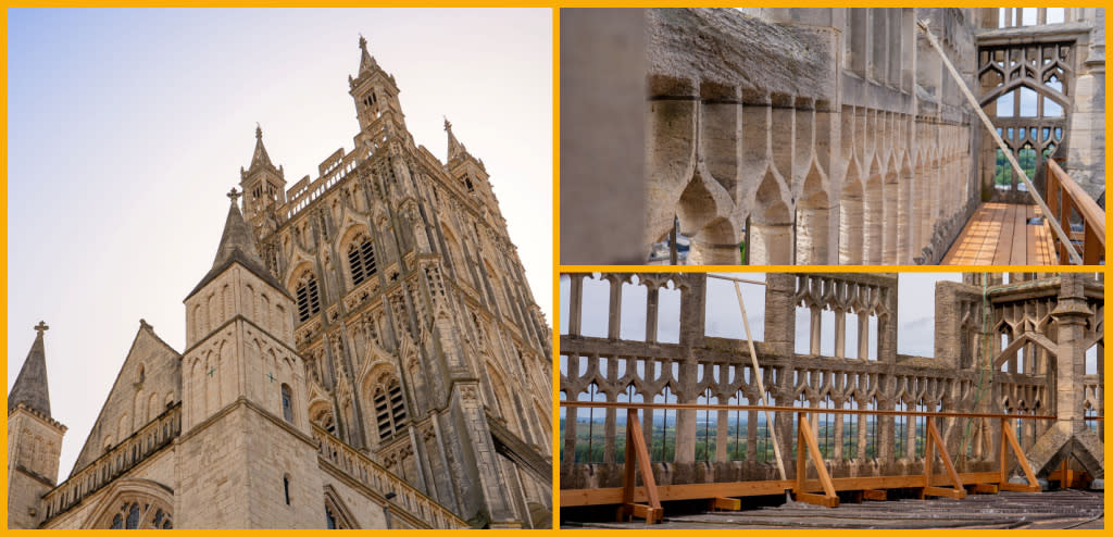 Collage of Gloucester Cathedral exterior and rooftop views.
