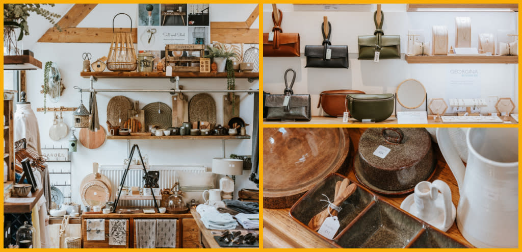 A collage of homeware, bags, and accessories products at The Collective shop in Elkstone Studios, Cheltenham.