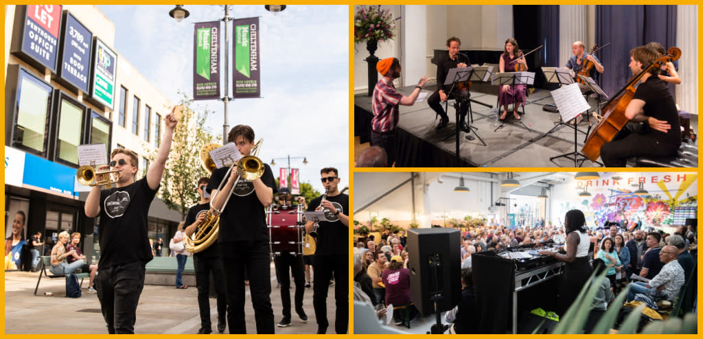 Collage of live music performances on Cheltenham High Street and at various venues across Cheltenham.