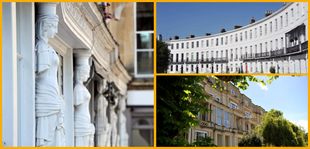 Collage of caryatids in Montpellier Cheltenham, regency architecture at Royal Crescent, trees surrounding architecture in Cheltenham.