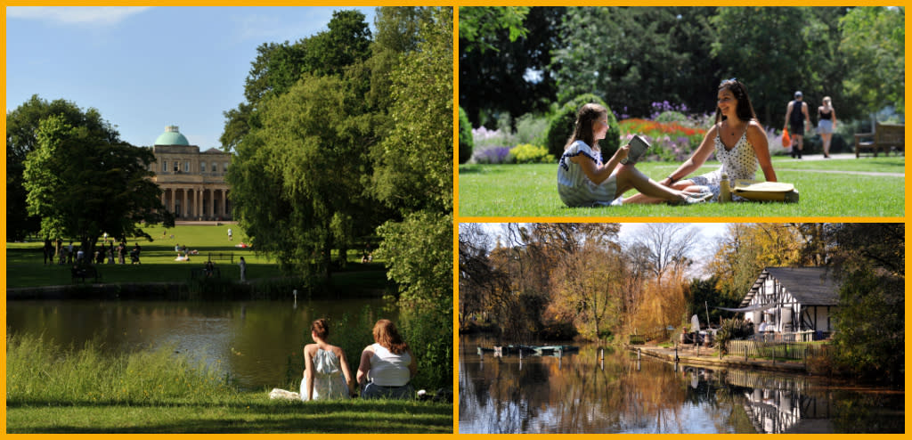 Collage featuring people seated by Pittville Park lake facing Pittville Pump Room, people enjoying a picnic in Cheltenham gardens, and The Boathouse at Pittville Park during autumn in Cheltenham.