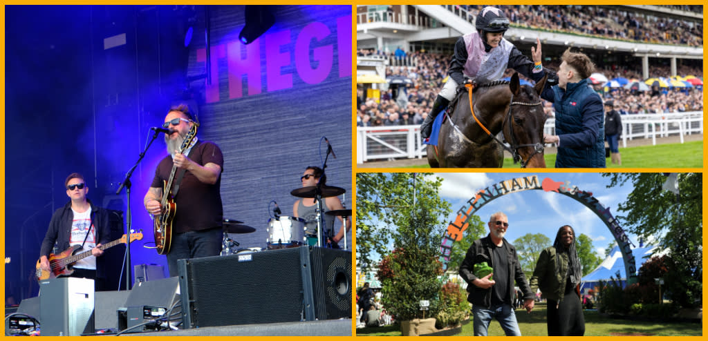 Collage featuring a live performance at 2000trees Festival, a jockey celebrating at the Cheltenham Festival, and attendees walking past the Cheltenham Jazz Festival sign.