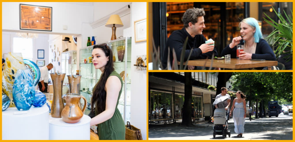 Collage featuring a lady shopping at the Gloucestershire Guild of Craftsmen in Cheltenham, visitors dining outside The Alchemist, and a family walking along the Promenade in Cheltenham.