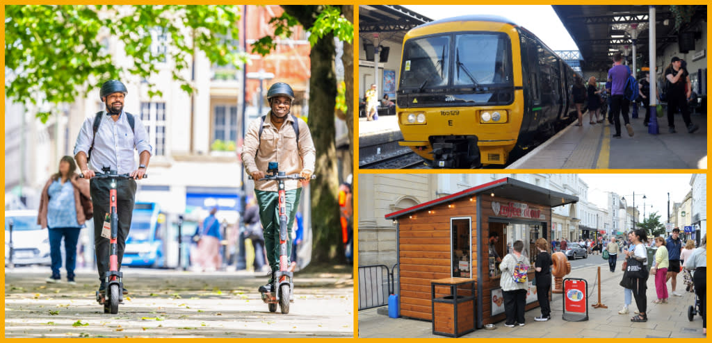 Collage featuring people riding e-scooters along the Promenade in Cheltenham, passengers arriving at Cheltenham Spa train station from a GWR train, and people queuing outside The Little Donut & Coffee Stall in Cheltenham.