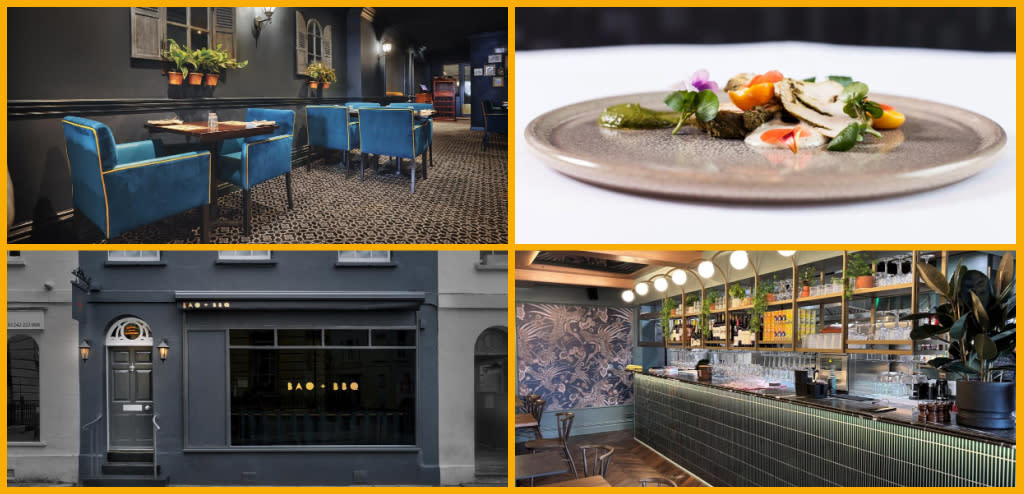 Collage of Bhoomi Kitchen interior, food served at Prithvi, Bao + BBQ exterior, Jai Ho interior.