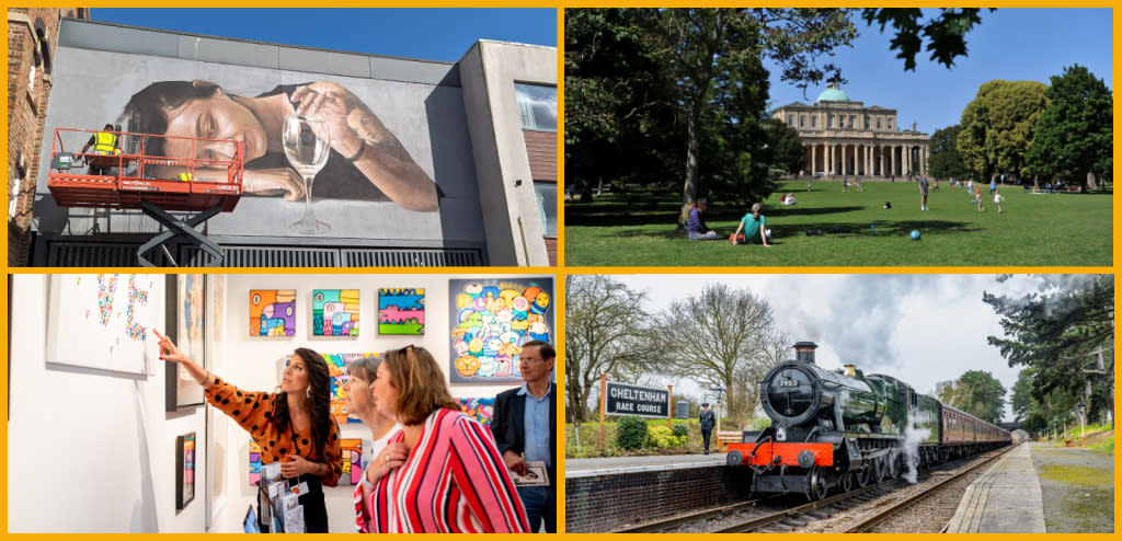 Collage featuring an artist painting at Cheltenham Paint Festival, visitors relaxing outside Pittville Pump Room, guests admiring artwork at Fresh: Art Fair, and a GWSR steam train captured by photographer Jack Boskett.