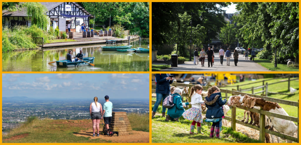 Collage featuring boat rides at Pittville Park Boathouse, walks through Montpellier Park, scenic views from Leckhampton Hill, and visitors feeding animals at Cotswold Farm Park.