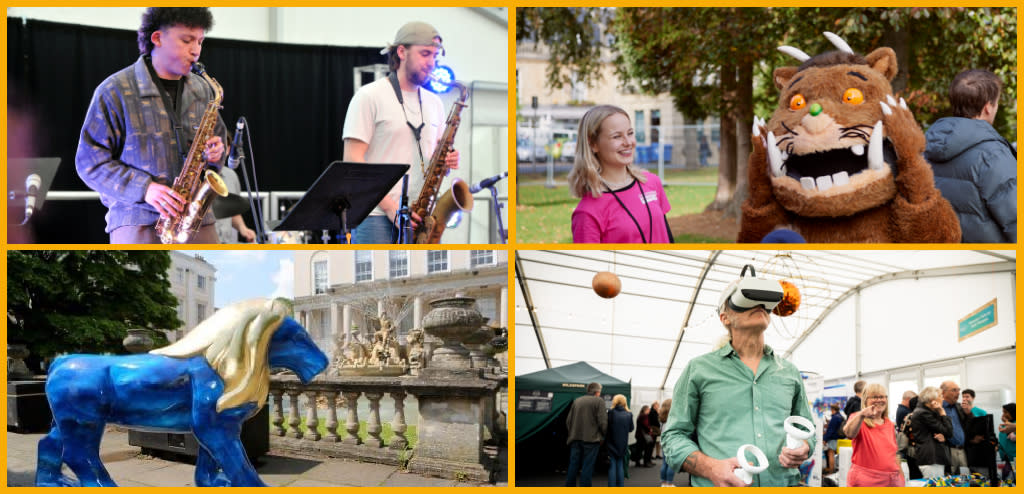 Collage featuring a live performance at Cheltenham Jazz Festival, the Gruffalo at Cheltenham Literature Festival, a lion statue outside the Neptune Fountain, and a visitor interacting at Cheltenham Science Festival.