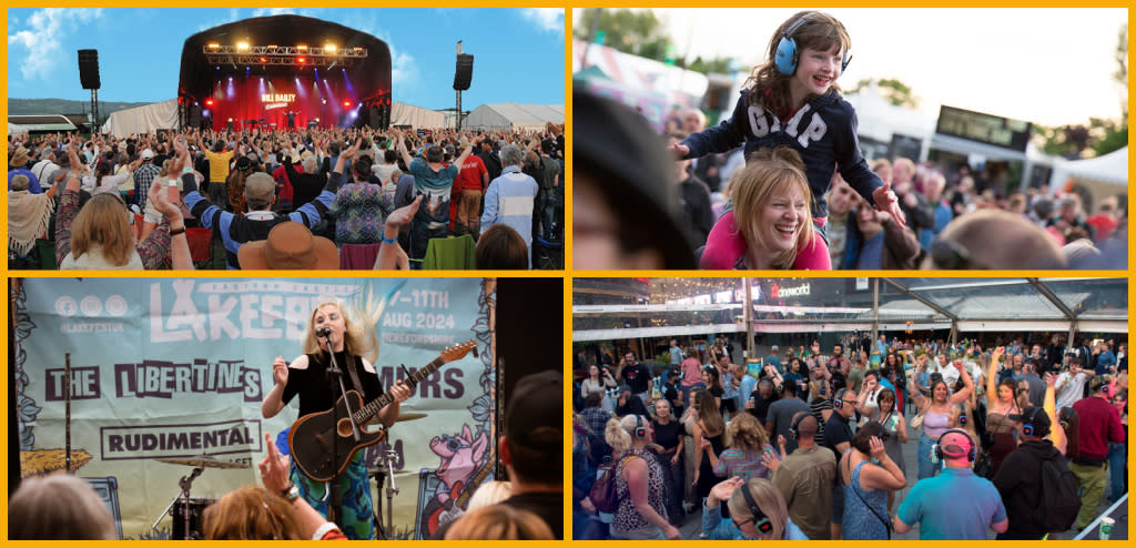 Collage featuring Wychwood Festival stage and guests dancing (top), and Summer Jam at The Brewery Quarter with live performances and visitors singing and dancing in Cheltenham (bottom).