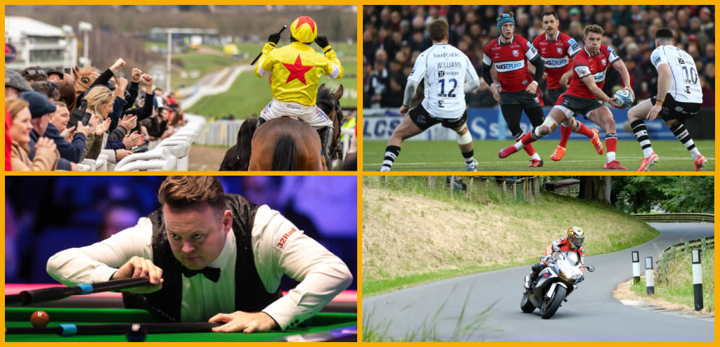Collage featuring a jockey riding in front of the crowd at Cheltenham Racecourse, a Gloucester Rugby match at Kingsholm Stadium, the British Open Snooker, and Prescott Bike Fest.