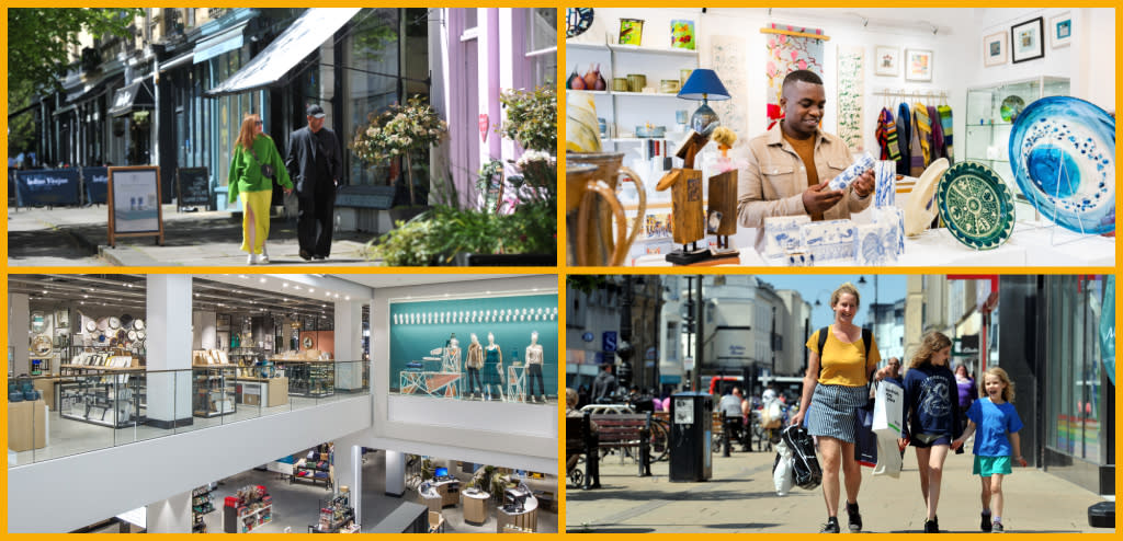 Collage featuring people shopping in Montpellier, the Gloucestershire Guild of Craftsmen, John Lewis Cheltenham, and Cheltenham High Street.