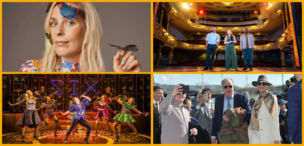 Collage featuring visitors standing on the stage at the Everyman Theatre Cheltenham, previous performances at the Everyman, Cheltenham Playhouse Theatre, and Cheltenham Town Hall.