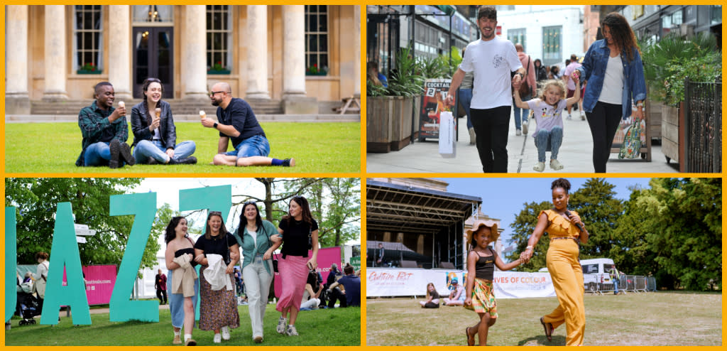 Collage featuring people eating ice cream outside Pittville Pump Room in Cheltenham, a family shopping at The Brewery Quarter, attendees at Cheltenham Jazz Festival, and Culture Fest visitors outside Pittville Pump Room Cheltenham.