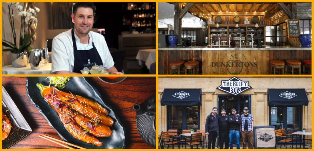 Collage featuring Lumiere Chef John Howe, the Dunkertons Cider bar, a salmon dish at Kibou, and The Beefy Boys team outside The Beefy Boys in Cheltenham.