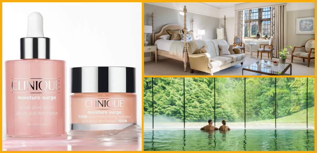 Collage featuring Clinique products available at John Lewis Cheltenham, a bedroom at The Greenway Hotel & Spa, and the swimming pool at Cowley Manor spa.