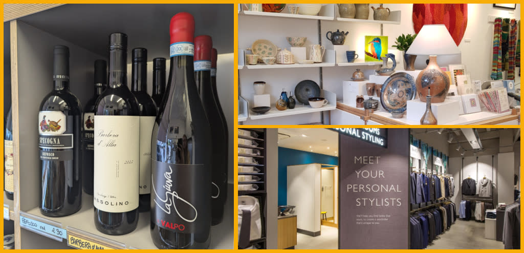 Collage of My Pastalicious wines, Gloucestershire Guild of Craftsmen products, John Lewis personal styling in Cheltenham.