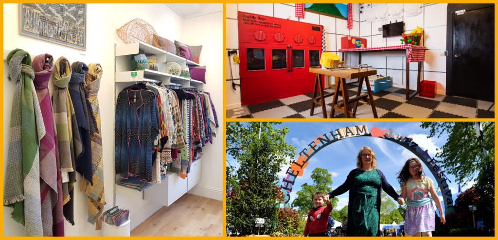 Collage featuring products from the Gloucestershire Guild of Craftsmen, Escape Rooms Cheltenham, and a family enjoying the Cheltenham Jazz Festival.